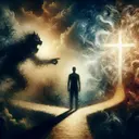 Create an abstract image that includes the following elements: a distressed human figure to represent confusion, viewed from a distance, standing at a crossroads (to signify being trapped between two worlds) with two paths before him. On one path, depict a shadowy lion-demon that signifies fear and potential peril. On the other path, illustrate a symbol of Christian values, such as a shining cross. The overall atmosphere should be tense and uncertain, fitting the theme of struggle and decision-making. Incorporate dark and light shades to depict the internal conflict.