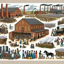 Create an illustration where there is a northern factory from the Civil War era. Show different parts of the factory being involved in various activities: One part producing goods, another part producing supplies for an army, and yet another receiving cotton from a wagon which represents the West. Also, illustrate a diverse group of factory workers, including newly freed African American individuals, engaging in various labor activities in the factory. Remember to draw all of these components in a way that does not include any text.