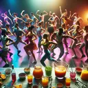 An invigorating scene of a lively dance class in full swing. A variety of about 29 dancers of different descents, such as Caucasian, Hispanic, Black, Middle-Eastern, South Asian, are executing a dance routine under fluorescence lighting. They are dressed in an array of colorful workout attire and their limbs are seen frozen in dynamic poses. Out of the entire frame, approximately half appear to be well-versed in their dance steps, while the others are trying to keep up, mirroring the statistic in the mentioned question. For the second part, visualize a kitchen with different quantities of punch ingredients on the counter. Close to 6 1/2 cups of grape juice, around 4 3/4 cups of orange juice, about 2 1/8 cups of cherry juice and roughly 1 1/4 cups of club soda are ready to be mixed in a large glass bowl.