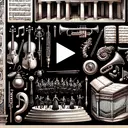 An illustration of different elements from the music world to create an engaging and appealing visual. On the top left, depict a play button symbol. Below it, sketch a variety of musical instruments such as a violin, a cello, a grand piano, a flute, a trumpet, and a harp. On the right side, illustrate an opera scene with performers on a stage and a conductor leading an orchestra. For the background, either hint at a composer's study room, with scattered music sheets, an ink pot and quill, or a grand auditorium, with ornate architecture and detailed sound systems. Please remember, no text should be included in the image.
