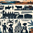 An image showing a diverse array of elements related to the content of the questions asked. Include, for example, silhouette images of cattle grazing on farmland, a historical train symbolizing the railroad's impact on open range, an illustration of an agricultural college suggestive of the Morrill Acts, and representation of the primary settlers of the Southwest, showcasing both Anglos and Mexicanos. Do not include any text in this image.