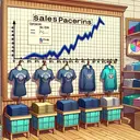 Create an image that depicts a school-themed scene, perhaps a campus store stocked with varying designs of shirts that all bear the school's mascot. On a prominent display board, show four graphs that depict the sales pattern over a four-week period. Description of each graph is per following: a. A perfect diagonal line going from one corner to the other upwards; b. A straight diagonal line starting from the graph's bottom and curves slightly upwards towards the end; c. A curve, similar to option 'b', but it's inverted and starts high, curves downwards; d. An inverted version of graph 'a', it starts at the top and goes in a straight line diagonally towards the graph's bottom.