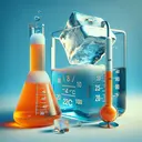 Generate an image featuring a block of ice at a temperature suggestive of -14°C, alongside a volumetric flask containing 200cm³ of orange liquid, representing a refreshing drink, with thermometer indicating a reduction in temperature from 25°C to 10°C. The scene is set up as if prepared for a scientific experiment and it evokes a chilled, cooling sensation. Please ensure the image contains no text.