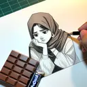 Draw a close-up view of a South Asian girl named Samina, thinking deeply. She is holding three large chocolate bars in one hand and a single pack of chewing gum in the other. The focus should be more on the chocolates and chewing gum, and they should be highlighted to show their importance in the context. Use a neutral colour palette, and the scene should be contemporary and simplistic with a plain background.