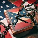 A depiction of a book placed on the table surrounded by a Northern and Southern US flag, representing the political and social dichotomy linked to the era of slavery. Show a broken chain, symbolizing the moral struggle associated with slavery. Please refrain from including any text in the image.