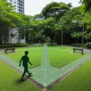 Generate a scene of an Asian gender-neutral individual named Lian, walking around a large square park, taking regular steps. The park is lush green, surrounded by a sidewalk with a few park benches and lush trees. Remember, each side of the square park represents a certain distance based on Lian's paces. One of Lian's paces, marked with a length of 40cm on ground, is highlighted.