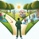Create a detailed image representing the concept of choosing between two options. Show a person standing at a crossroads, with two different path. Each path is symbolically represented: one path is tranquil and sunny, framed by trees, symbolizing the option 'C'; the other path is vibrant and bustling with activity, adorned with a carnival theme and has a large ice cream stand at its beginning, symbolizing the option 'D'. The person in the image should be a middle-aged South Asian man, visibly contemplating his choices.