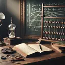 A tranquil, serene setting with a large, age-worn, wooden desk. On the desk, there rests a well-used, open book, its pages filled with handwritten mathematics and equations. Nearby, a wooden abacus, antique in appearance, is half-immersed in deep thought-provoking calculations. To one side of the desk, an old-fashioned hourglass counts the passage of time, its fine sand trickling steadily from one bulb to another. In the background, a delicately drawn chalkboard depicts a graph regarding ages and ratios, without any specific numbers or text. The room is softly lit by a single, elegant, vintage desk lamp.