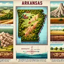 An educational image showing various geographical features related to Arkansas state. In one corner, depict a hill-like structure with lush greenery, representing the Ozarks. In another section, illustrate a plateau with flat top and eroded valleys. Also, illustrate the rolling plains slightly higher than the surrounding countryside. Specific to Arkansas, depict on a map the absolute location of the state's northernmost border marked with a latitude line. Show an elevation representing Mount Magazine, the highest point in Arkansas located in the Ouachita Mountains region. Finally, showcase a rocky terrain representing a region least favorable for farming.
