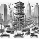 Illustrate an image showing the transformation of city life in the late 1800s. Include elements such as elevators and skyscrapers to represent urban modernization, electric streetcars as a symbol of growing public transportation, automobiles indicative of personal mobility development, and telephones as a representation of communication evolution. Ensure that each element is distinct and recognizable, but intertwined to represent the complex ecology of city life during this period. Exclude any text from the image.