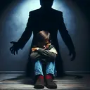 Create an image that represents the concept of emotional abuse, without any text. The composition could depict a young boy, isolated, with a melancholic expression on his face. He is in a dimly lit room, center stage, hugging his knees. A powerful shadow figure hovers over him, expressing dominance and aggression, but not physically touching the boy. Please exclude any forms of graphic violence or any explicit content. The image should provoke empathy and understanding, not distress.