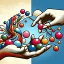 Create an abstract representation of a puzzling situation, relating to understanding language. Illustrate two hands engaged in a serene and peaceful transfer of multiple colored balls, symbolizing the exchange of words or language elements. Following this action, depict a pair of glasses focused on the balls to represent 'taking a look' or scrutinizing. Do not include any possible text in the image.