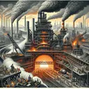 A highly detailed, visually appealing image illustrating the Bessemer Process and its impact on the industry. The image should depict a large, smoke-belching furnace transforming raw iron into steel. Workers, wearing protective gear, are busy at work in the steel mill. Include visual cues that show growth and progress such as expanding cities in the background and intricate structures made of steel. Please keep the image free of any text.
