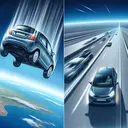An illustration of a curious physics scenario. Visualize a compact car being dropped from an enormous height, with the distant Earth below and a clear blue sky behind it. In a different section of the image, the same compact car is showcased speeding down a straight road at 100 km/h, surrounded by a blur indicating its rapid motion. The two parts of the image contrast the different situations where the car gains kinetic energy - free fall and high speed driving.