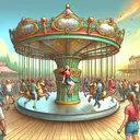 Visualize a scene in an amusement park. Picture a bright day with a clear blue sky. In the center, construct a playful merry-go-round, intricately designed, with a radius of 25 feet, spinning at a slow but constant pace. Upon this device, imagine a young woman, dressed casually in bright, summer colors. She seems excited and is preparing to jump off. In the crowd around the merry-go-round, show a collection of individuals, representing a diverse array of ages and backgrounds, caught in various states of enjoyment, surprise, and anticipation. Do not include any text in the image.