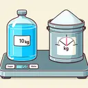 Illustrate a simple and appealing image of a digital scale measuring a 10 kg container of crystal clear water, placed next to a similar container filled with 15 kg of fine white granulated sugar. Make sure the image has no text. The containers should be easily recognizable and the sugar and water clearly differentiable.