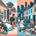 Create a visual depiction of the socioeconomic differences between middle class and lower class society during a historic period. On one side of the image, illustrate a middle-class family engaged in leisure activities in their comfortable house. Contrarily, on the other side of the image, portray a lower-class family hard at work in an urban tenement, indicating their scarce time for leisure. The color palate should be soft and inviting, implying the academic nature of this image.