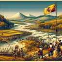 Generate an image of a historical landscape, featuring elements representative of early settlement days. Include rushing waters implying flooding and rich farmlands in the vicinity. Show a Spanish flag waiving at a mustered post as an indication of the place changing control, and incorporate a glimpse of indigenous people in the distance to signify potential threats. Make sure the image reflects the changing circumstances with no text in the image.