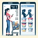 Create an illustrative image of a grocery shopping scenario. In the image, visualize a woman named Mandy, who has a shopping cart containing a few grocery items including 4 containers of yogurt and 3 boxes of crackers, with total cost displayed as $9.55. Then depict a separate image of Mandy with 2 containers of yogurt and 2 boxes of crackers with a total cost of $5.90. Make sure there are no words or text in the image.