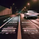 Imagine a road, marked with equidistant lines that are 0.8 meters apart. A speed camera at the side of the road is flashing, taking two photographs - one now, and the second one projected 0.5 seconds into the future. In these photos, capture a car which is moving so fast that it would hint at a speed of 7.2 meters per second. The lighting conditions should indicate that the process of analyzing this speed has started. However, make sure the image contains no text.