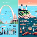 An illustration showing two distinct landscapes. On one side, depict Missouri, characterized by the iconic Gateway Arch and the Mississippi River, and a calm setting with people of various descents and genders coexisting harmoniously. On the other side, depict Maine, with its famous lighthouse, rocky coastline, and lobster fishing scenes, also showcasing peaceful coexistence among diverse people. These two landscapes are connected by a symbolic bridge, symbolizing peace and harmony, without including any text.