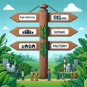 Create an image that symbolizes the concept of a tropical location with economic strategies. In the foreground, there should be a wood signpost with four arms pointing in different directions. On each sign, there should be the symbol of a high-yield crop, urban buildings, a school, and a factory, respectively, representing possible economic strategies. In the background, include green tropical fauna, and a few people of various descents who are dressed in worker's attire. Make sure the image contains no text.