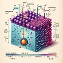 An illustration of a voltaic cell at a temperature denoted as 25 degrees Celsius, made up of Manganese (Mn) and Cadmium (Cd) half-cells. The Mn half-cell hosts Manganese in its elemental and ionized form (Mn/Mn2+) with a purplish color, and the Cd half-cell hosts Cadmium in its elemental and ionized form (Cd/Cd2+) with a bluish hue. Both cells are imagined to be at initial concentrations, where the Mn2+ solution has a concentration of 0.100 M, represented with more vivid color, and the Cd2+ solution has a concentration of 0.0100 M, represented with a less intense color. A depiction of electron flow is shown mirroring the reactions provided.