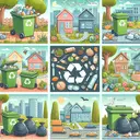 A beautiful depiction of sustainable waste management techniques. The picture includes recyclable materials being placed into recycling bins, organic material being composted, and properly packed away full trash bags. There should be a variety of scenes such as a residential area, an urban environment, and a rural setting, showing different methods of waste disposal. Emphasize different stages of each process, from collection to eventual disposal. Do not include any text in the image.