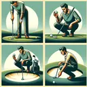 Create an image showcasing four distinct parts of a golf game: a golfer carefully choosing his grip on the club, a golfer studying a putting green with concentration, another examining a sand trap cautiously, and finally someone placing the ball on a tee. Make sure each of these scenes is clearly differentiable. The image must exclude any text and appear inviting.