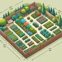 Illustrate a variety of rectangular garden layouts using a 20 feet long fence. The smallest side of each garden rectangle should be at least 3 feet. Display these setups from a bird's-eye view, including vegetation and landscaping to clearly distinguish the garden area from the surrounding environment. Make sure to exclude any text from the image.