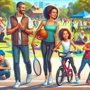 Generate a detailed, vibrant and colorful image of a family of different descents happily taking part in various physical activities together in an outdoor park setting. Show a Caucasian father and Black mother, along with their 2 children, a Hispanic boy and a Middle-Eastern girl, actively engaging in sports like playing catch, cycling, jogging, and doing yoga. Consider adding a community center in the background, hosting a health fair with people walking around. The atmosphere should be lively and positive, symbolizing family bonding, physical fitness, and community engagement.
