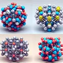A detailed image displaying four separate molecular structures represented by colorful 3D models. The first model should represent the coordination compound [Al(H2O)6] Br3, where aluminum is at the center, surrounded by six water molecules and three bromine ions. The second model should show [Cr(NH3)6] Cl3, with chromium surrounded by six ammonia ligands and three chloride ions. The third model should depict K3[FeF6], featuring three potassium ions and an iron atom surrounded by six fluoride ions. The last one should depict [Zn(OH)4]-2, a zinc ion associated with four hydroxide ions.