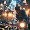 Create a detailed image of a female lightning technician on a bustling movie set that's about to wrap up shooting after a week. She's working meticulously under the bright stage lights, surrounded by various movie equipment such as lighting rigs, reflectors, and cables. The atmosphere is filled with excitement and bittersweet anticipation of the project's completion. Make sure the image contains no text.