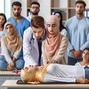 Please create an image of a first-aid training scene. Show a diverse group of learners observing a demonstration. The focus of the demonstration should be two figures: A Caucasian man playing the role of a medical professional, and a Middle-Eastern woman acting as the patient. The professional should be demonstrating the correct method of positioning the patient's head, which involves a gentle tilt, for rescue breathing. There should be no text visible in the scene and ensure the depiction is respectful, dignified, and in line with medical training standards.