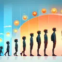 A conceptual visualization of time and growth in children. Depict the passing of time by showing different phases of a day, from sun rising in the morning to sunset in the evening. For height, create an image of a child who gradually grows taller from left to right side of the image, starting as a toddler, then a preschooler, a primary school student, and finally a teenager. Do not include any text in the image.