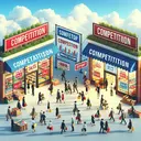 Create an image illustrating the concept of competition in the realm of economics. Create a vivid depiction of two storefronts representing businesses with similar products, with display signs indicating sales, discounts, and deals, interacting customers of varying genders and descents. The scene should encapsulate the beneficial effects of competition leading to diversity of products and affordable prices. A more expansive backdrop should display the market bustling with activity, highlighting a dynamic market economy, and the freedom of enterprise under a bright sky, symbolizing optimism and prosperity. Do not include any text in the image.