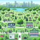 Generate an image of a lush green park with people of various ages and descents enjoying recreational activities. Display elements suggesting maintenance and funding like municipal workers planting trees, people buying entry passes, and a group of citizens organizing a fundraiser event. At a distant, show the skyline where some buildings are subtly adorned with the symbols of a diversified revenue system: a house (property tax), retail store (sales tax), briefcase (income tax), and goods symbolizing excise tax.