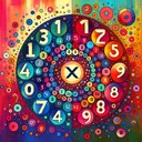 Illustrate a vibrant background hosting two adjacent circular arrangements, each filled with vividly colored numbers. The first circle consists of numbers 1 through 20, and the central spot is accentuated with a mysterious digit 'x'. Adjacent to it, present an expanded version of the circle containing numbers 1 through 25, with a highlighted spot in the center, signifying an undiscovered least common multiple value.