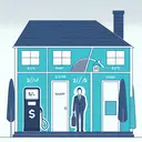 Create an image showing a man standing outside of a house, with 1/2 of the image filled with the house indicating the portion of his salary spent on rent. On another part of the image, illustrate 2/5 of his salary being spent on gasoline, represented by a gas pump. The remaining portion of the image is empty, symbolizing the amount of salary left for food and other necessities.