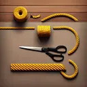 Create an image of a setting where a yellow rope is neatly cut into three separate pieces with a pair of black-handled scissors lying nearby on a brown wooden table. One third of the rope has been moved a bit further, representing the part that has been used. The rest of the rope has a quarter of it cut off and separated a little from the main part, indicating the part used in the second step. The remaining part is left intact, symbolizing the final six meters left.
