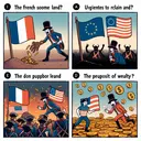Create an image that represents the four given options related to the French support to the Americans during the Revolutionary War. Visualize this with the following elements: 1) For option A, show the French flag trying to grasp some land, symbolizing their potential wishes to reclaim land. 2) For option B, depict a furious French figure turning its back on the British flag and reaching out to the American flag, indicating their support for Britain's enemy. 3) For option C, imagine French and American flags together with coins raining down, suggesting the potential pursuit of wealth. 4) For option D, portray American troops advancing threateningly while a French figure looks scared, suggesting fear of attack. Make sure there's no text in this image.