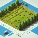 A serene image of a rectangular horse ranch with dimensions specified by a foot scale present in the image: the ranch is encapsulated within a wooden fence that stretches 450 meters (represented without including any text measurement) and its width is roughly 80 meters. The ranch is lush, verdant and dotted with brown horses lazily grazing through bright daylight. To provide a sense of relativity and measurements, some common objects like trees, bales of hay and a horse cart can be seen scattered at suitable distances.