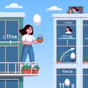 Design a charming image of a contest participant, who is Asian and identifies as a woman, standing atop a three-story building, holding an egg. She is poised to throw the egg upwards with a measurement of 11m/s indicated next to her, and another measurement of 11m/s downwards. Show the egg in motion in multiple scenarios - thrown up, thrown down, and dropped from rest. Leave space for the answer choices and remember, the image must contain no text.