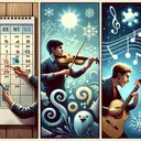 Create an image consisting of three different sections, each one representative of a specific question. The first section consists of a calendar marked in early March with ambiguous weather symbols. Include an icon symbolizing a weather forecast with six more weeks of winter. The second section showcases two individuals, one male, one female, each carefully honing their skills on the violin. Make sure that their mastery and dedication are evident in their postures and expressions. The third section reveals a young man, radiating enthusiasm, adeptly playing a guitar and singing, capturing the energetic nature of a performance.
