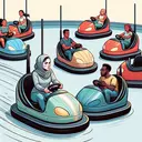 Illustrate an image of a diverse group of individuals having fun at a bumper car arena. Three bumper cars stand out particularly in the scene. The first is driven by a Middle-Eastern female at a fast pace represented by swift lines behind it. She seemingly prepares to crash into a stationary, empty bumper car ahead of her. The second one, an empty bumper car, is motionless and appears directly in the path of the first car. The third bumper car contains a Black male, observing the impending collision with interest.