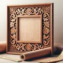 Create a visually appealing image portraying a wooden picture frame, finely carved with intricate patterns. The frame is designed to encompass a picture of 8 and 1/2 inches by 11 inches dimensions. The framing material is visually displayed in rolls, hinting at the measurement process to find out the amount of framing needed in feet. Please ensure that there is no text present in the image.