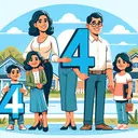 An engaging visual representation of a family. It features a dignified Hispanic 44 year old woman holding a large number 4 in one hand and a 4 in the other, symbolizing her age. Next to her is a smiling young woman, who is carrying a number that represents her age which is half of the mother's. A few steps behind them both is a young boy holding a number, which hints that he is six years younger than his sister. Around them is a serene suburban neighborhood background to give the image a familial and casual atmosphere.