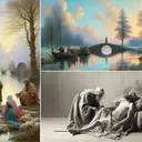 Generate three different paintings. The first painting should be inspired by a Biblical scene, specifically the Adoration of the Shepherds, with neutral tonalities, realistic humans figures and in the style of the Dutch Golden Age, typically employing oil on canvas. The second painting should be a serene landscape of a bridge over water reflecting the colors of the sky, in pastel hues, mostly blues and greens with touches of white, with the fleeting sense of an Impressionist's style, primarily using oil on canvas. The last painting should depict a detailed figure study of an elderly man reclining, concentrating more on the contour drawing and form definition with minimal texture or value changes, typically seen in traditional sketch work.