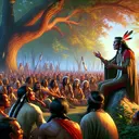 An engaging scene set in the early 19th century North America. Depict the Shawnee indigenous leader expressing to a diverse council of various tribes the idea of forming a confederation. The leader, a male with black hair and distinctive traditional clothing, addresses a seated congregation under a large tree. His hand gesture emphasizes unity and strength. The meeting is outdoors, in a verdant forest clearing, with a brilliant sunset illuminating the scene in hues of red and orange. Make sure to capture the intensity of the moment, the urgent appeal of the leader and the attentive expressions of the listeners.
