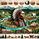 Create a detailed image that visualizes the life of Native American leader Tecumseh. Show him against a backdrop of his tribe's lands, with symbols of their culture and lifestyle. Include visual elements like lush forests, river valleys, tribal meetings, and signs of encroachment from settlers like wagon trains and log cabins. Make sure to create this image without adding any text on it.